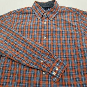 Tommy Hilfiger Long-Sleeve Button Down Shirt Color: Orange & Blue Size Small